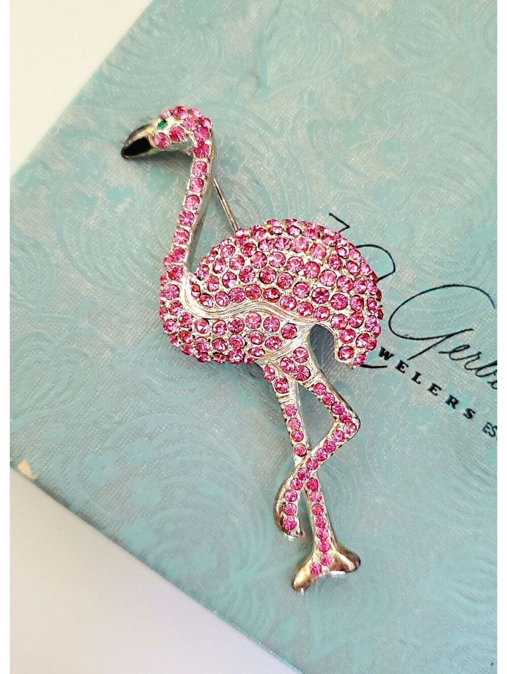 Vintage OTC Designer Hot Pink Flamingo Rhinestone Brooch
